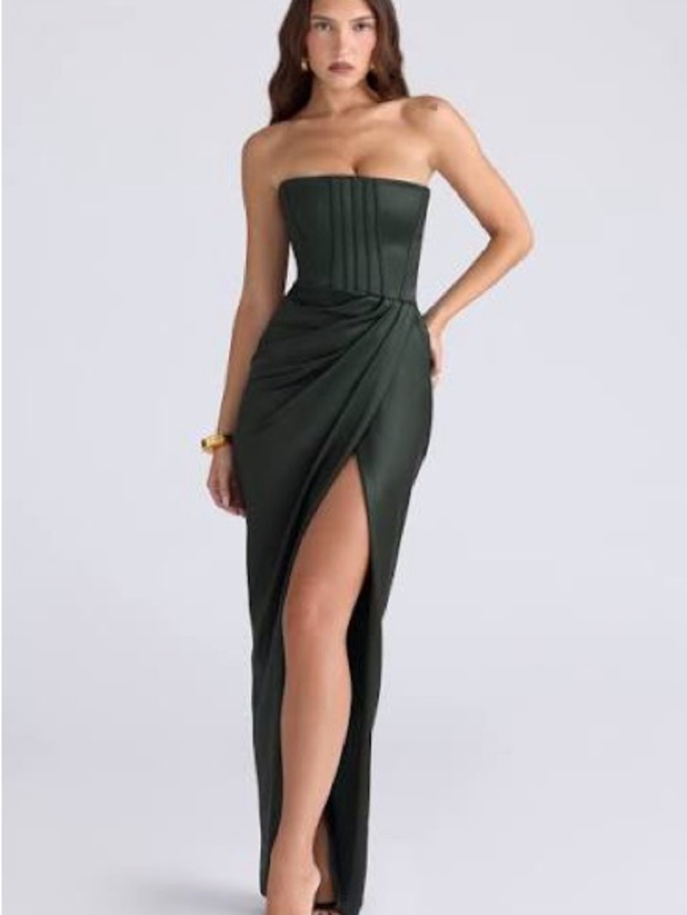 Strapless Dark Green Draped Column Dress emerald carelle xl